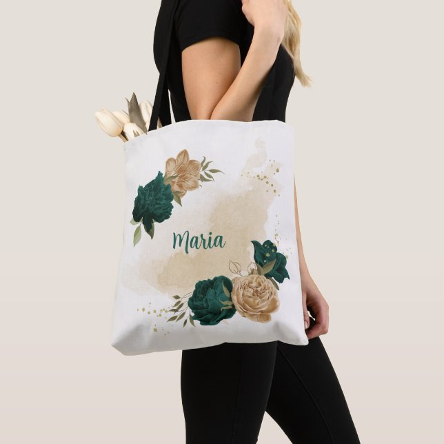 emerald green and beige gold flowers  tote bag (Close Up)