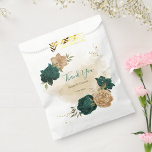 emerald green and beige gold flowers wedding favor bag