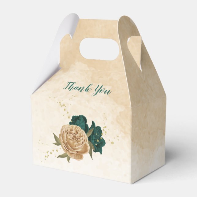 emerald green and beige gold flowers wedding favor boxes (Front Side)