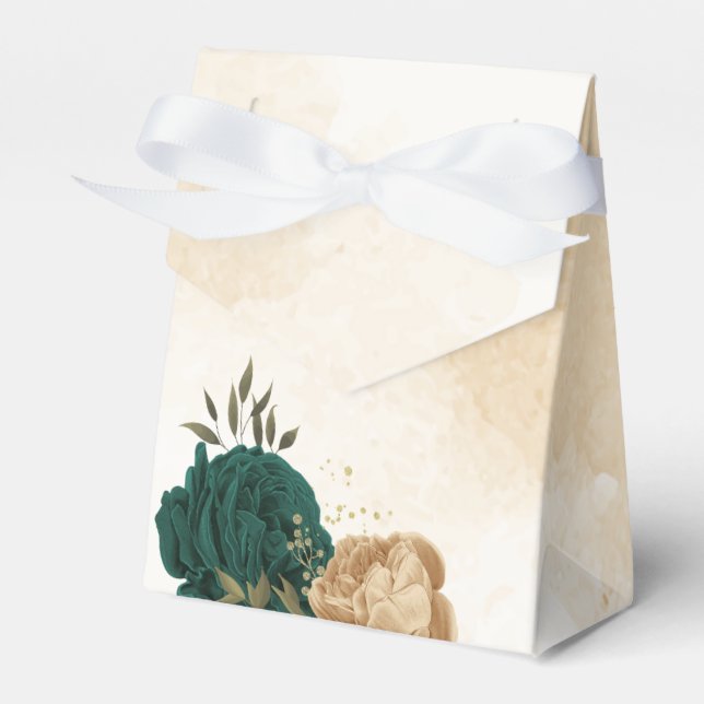 emerald green and beige gold flowers wedding favor boxes (Front Side)