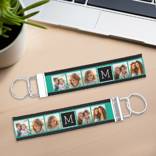 Emerald Green and Black 5 Photo Collage Monogram Wrist Keychain