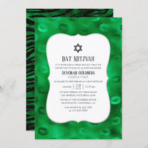 Emerald Green and Black Glam Bat Mitzvah Invitation