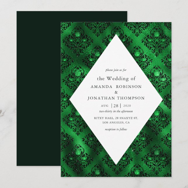 Emerald Green and Black Glam Damask Rose Wedding Invitation (Front/Back)