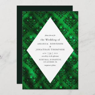 Emerald Green and Black Glam Damask Rose Wedding Invitation