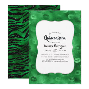Emerald Green and Black Glam Quinceañera Invitation