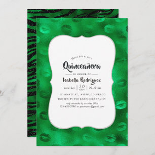 Emerald Green and Black Glam Quinceañera Invitation