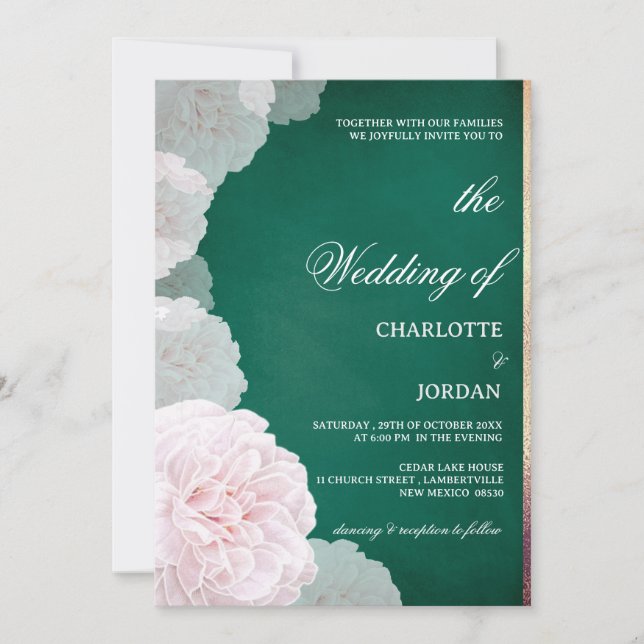  Emerald Green And Blush Pink Peony Wedding Invitation (Front)