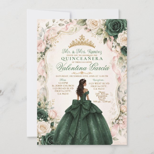 Emerald Green and Blush Pink Quinceañera Invitation (Front)