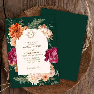 Emerald green and burgundy floral fall wedding invitation