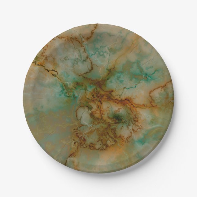 Emerald Green and Copper Gold Marble Paper Plates (Front)