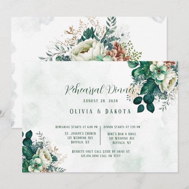 Emerald Green and Cream Florals Rehearsal Dinner Invitation (Front/Back)