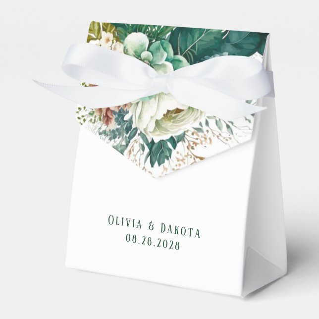 Emerald Green and Cream Florals Wedding Favor Boxes (Front Side)