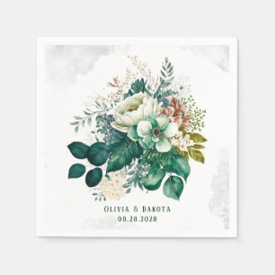 Emerald Green and Cream Florals Wedding Napkins