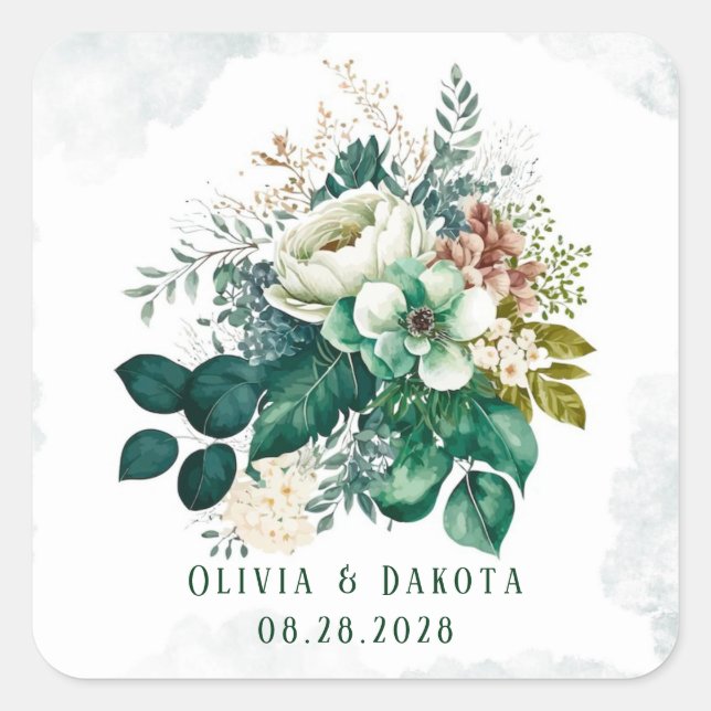 Emerald Green and Cream Florals Wedding Square Sticker (Front)