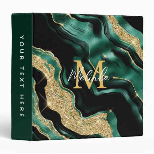 Emerald Green and Gold Abstract Agate 3 Ring Binder