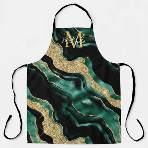 Emerald Green and Gold Abstract Agate Apron