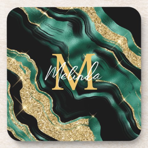 Emerald Green and Gold Abstract Agate Beverage Coaster