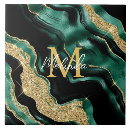 Emerald Green and Gold Abstract Agate Ceramic Tile