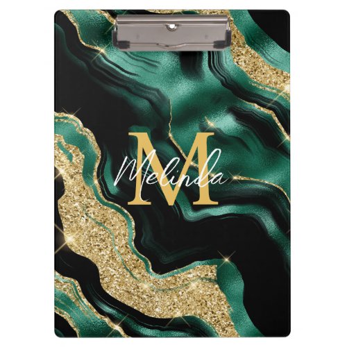 Emerald Green and Gold Abstract Agate Clipboard