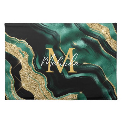 Emerald Green and Gold Abstract Agate Cloth Placemat