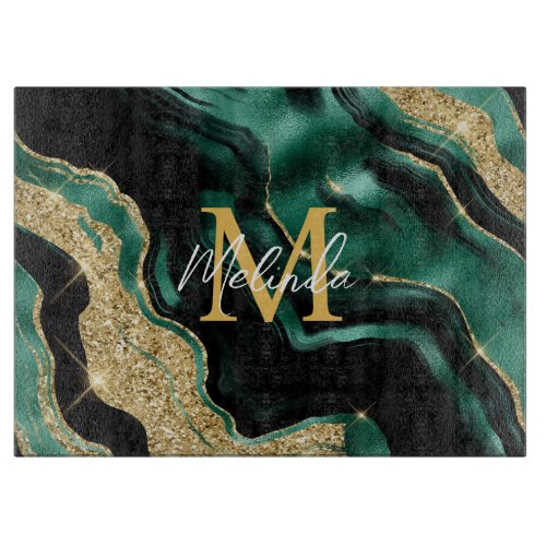 Emerald Green and Gold Abstract Agate Cutting Board