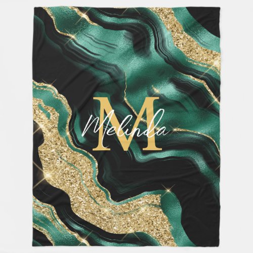 Emerald Green and Gold Abstract Agate Fleece Blanket