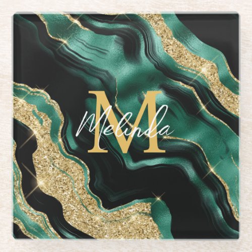 Emerald Green and Gold Abstract Agate Glass Coaster