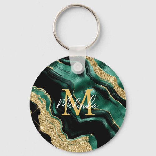 Emerald Green and Gold Abstract Agate Keychain