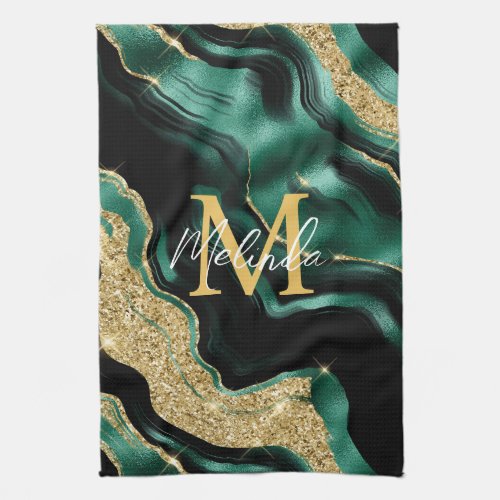 Emerald Green and Gold Abstract Agate Kitchen Towel