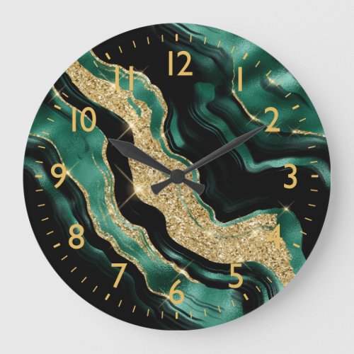 Emerald Green and Gold Abstract Agate Large Clock