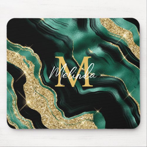 Emerald Green and Gold Abstract Agate Mouse Pad