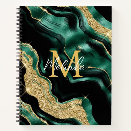 Emerald Green and Gold Abstract Agate Notebook