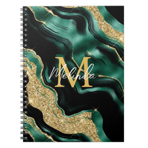 Emerald Green and Gold Abstract Agate Notebook