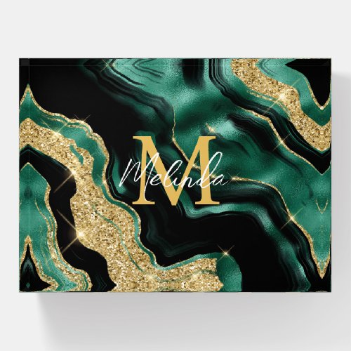 Emerald Green and Gold Abstract Agate Paperweight