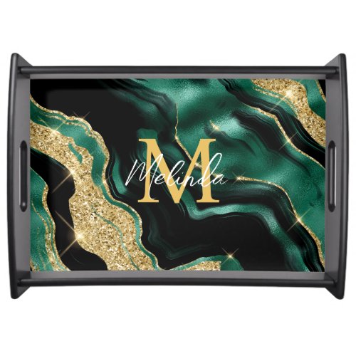 Emerald Green and Gold Abstract Agate Serving Tray