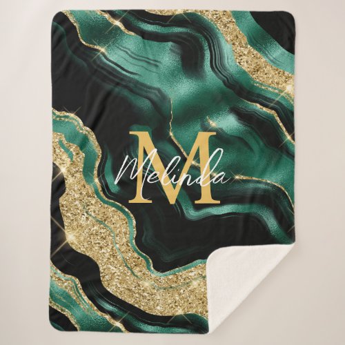 Emerald Green and Gold Abstract Agate Sherpa Blanket