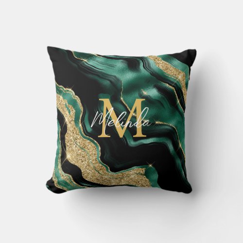 Emerald Green and Gold Abstract Agate Throw Pillow