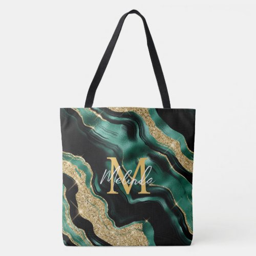 Emerald Green and Gold Abstract Agate Tote Bag
