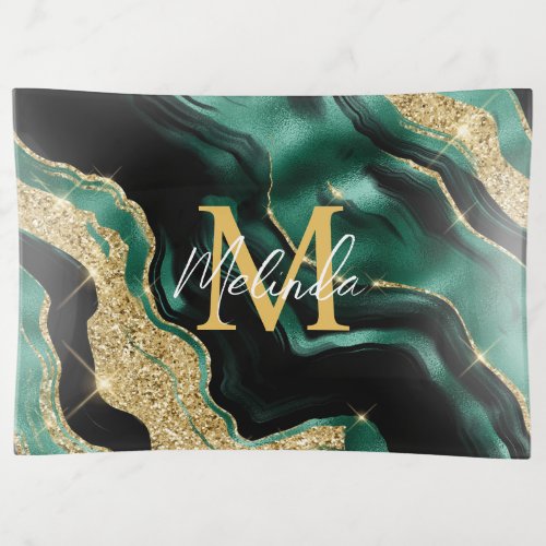 Emerald Green and Gold Abstract Agate Trinket Tray