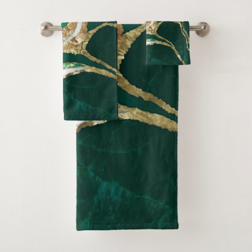 Emerald Green and Gold abstract Bath Towel Set