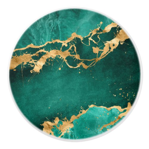 Emerald Green and Gold abstract Ceramic Knob