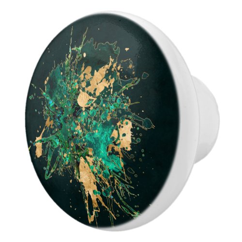 Emerald Green and Gold abstract Ceramic Knob