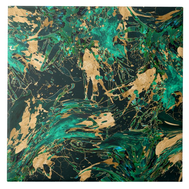 Emerald Green and Gold abstract Ceramic Tile (Front)