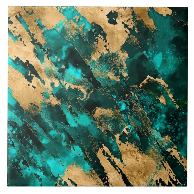 Emerald Green and Gold abstract Ceramic Tile (Front)