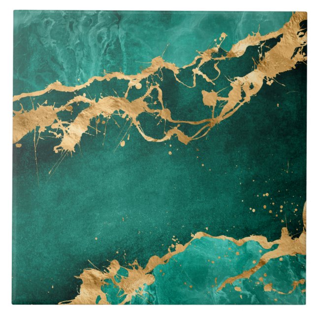 Emerald Green and Gold abstract Ceramic Tile (Front)