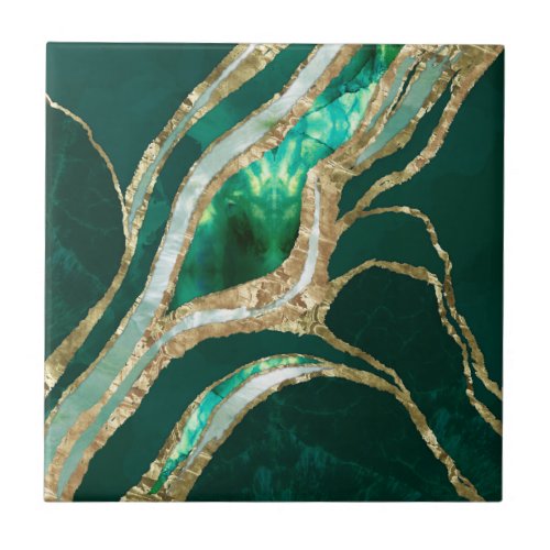 Emerald Green and Gold abstract Ceramic Tile