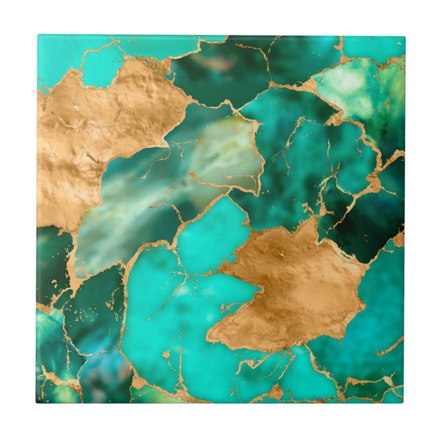 Emerald Green and Gold abstract Ceramic Tile (Front)