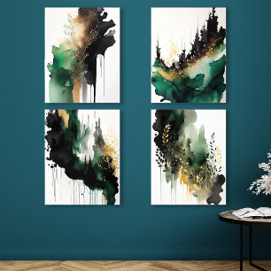 Emerald Green and Gold Abstract Forest Wall Art Acrylic Photo Tile