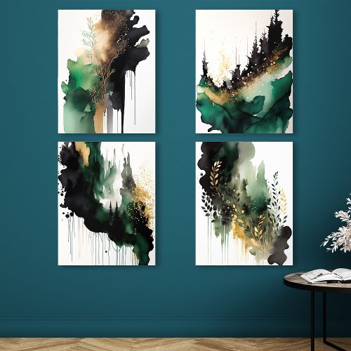 Emerald Green And Gold Abstract Forest Wall Art Acrylic Photo Tile