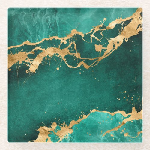 Emerald Green and Gold abstract Glass Coaster